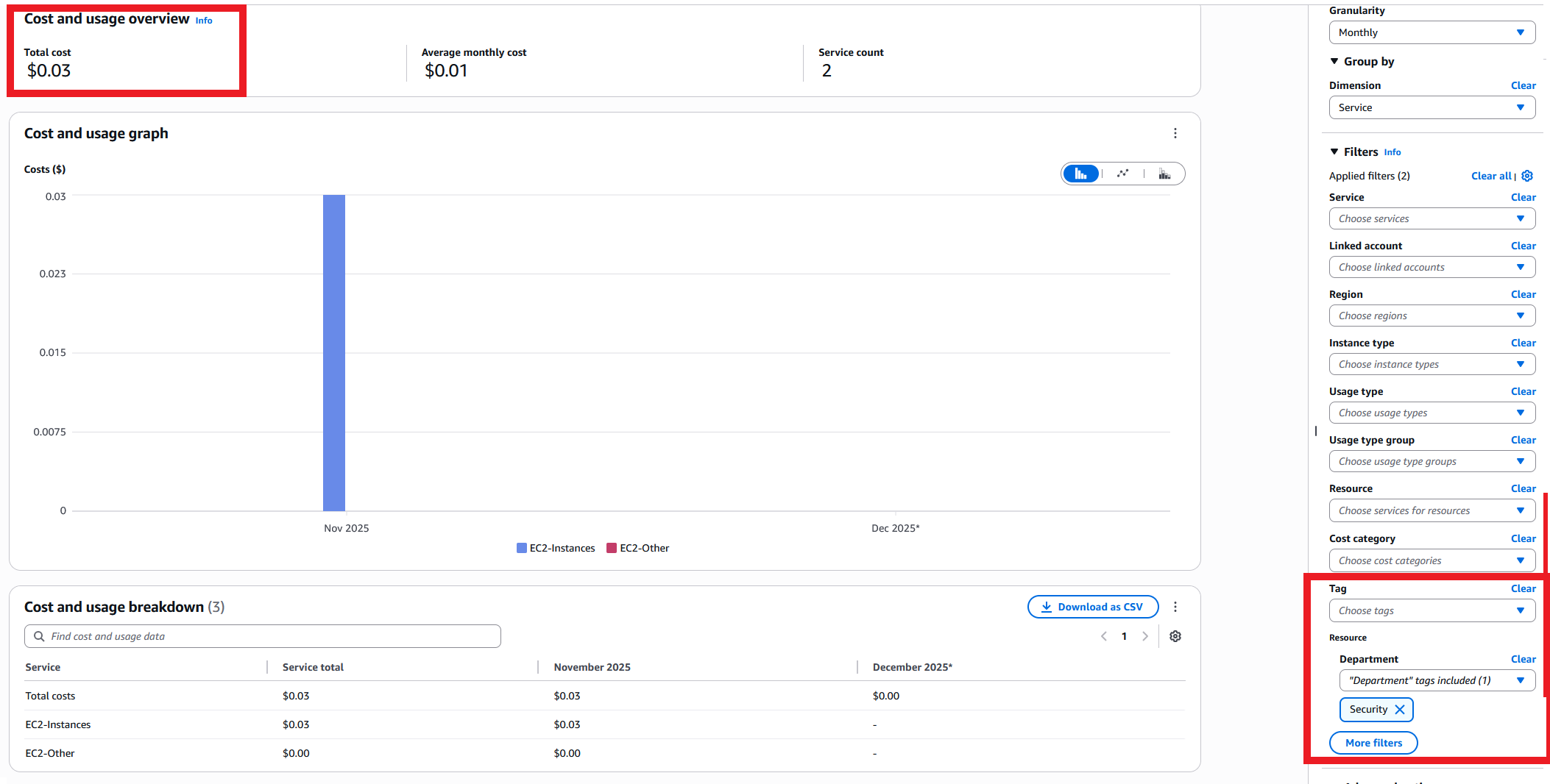 AWS Bill With Tag Department:Security
